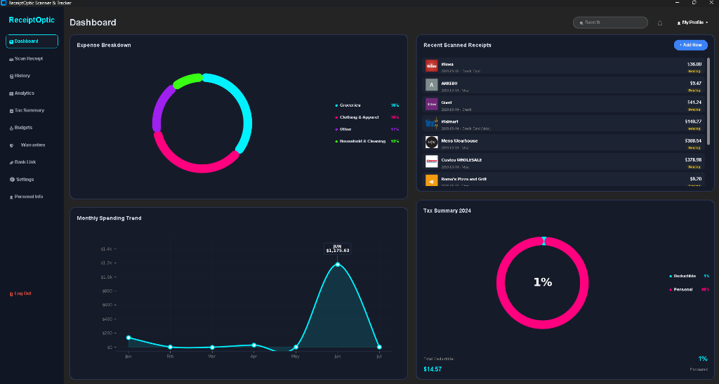 ReceiptOptic PC App Spending Dashboard Mockup